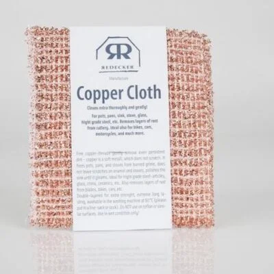 Copper cloths 2 pack by Burstenhaus Redecker. The scratch-free cleaning power of copper! The copper cloth cleans pots, pans, sinks, ovens, ceramic cooktops, glass and stainless steel thoroughly and gently. Perfect for removing rust from tableware. Also ideal for all shiny parts of bicycles and motorcycles, as well as for glass and chrome parts and aluminum rims on cars. Fine copper threads loosen even the most stubborn dirt carefully because copper is a soft metal that is non-abrasive. It will leave no scratches behind on enamel and ceramic hobs and will give your sink a high sheen! The two-ply material is extremely durable and is machine-washable in warm water (up to 60 degrees Celsius) - please place in a net bag or sock. Not suitable for Teflon or other non-stick surfaces. Environmentally compatible, 100% recyclable. Use wet.